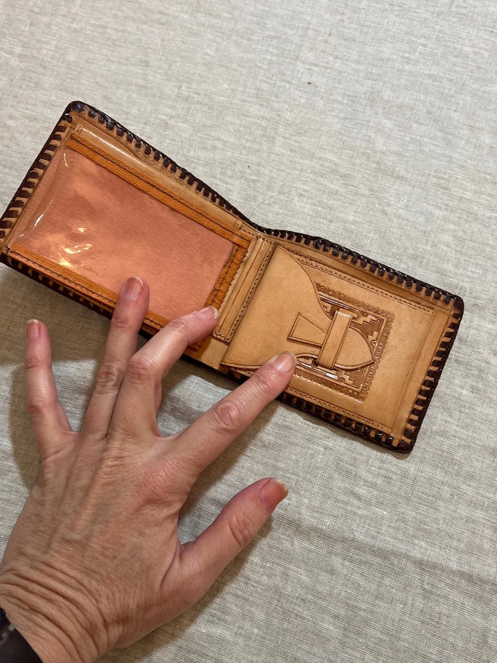 Hand-Tooled Leather Bifold Wallet - Tan with Dark Brown Trim